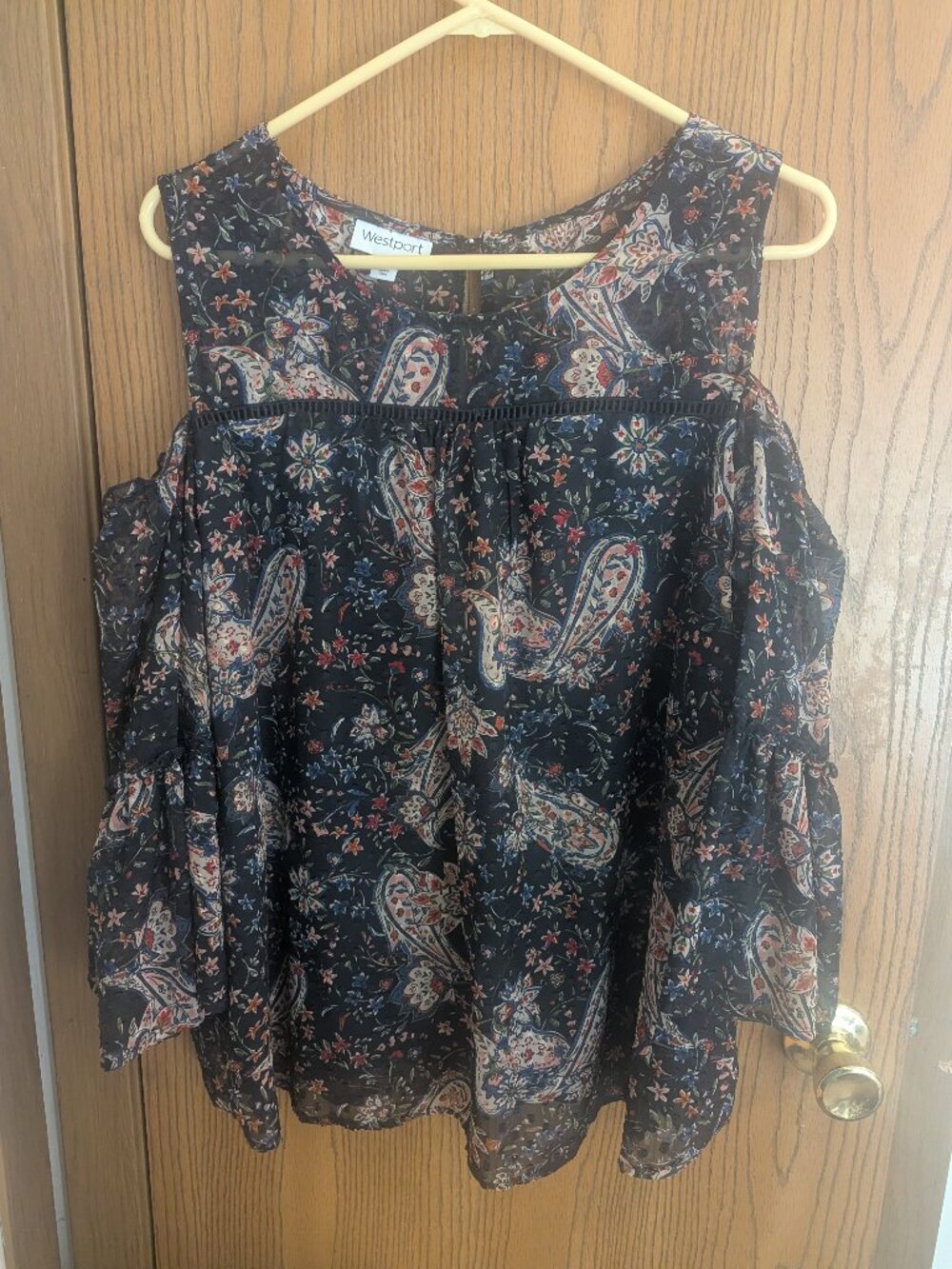 Peek a Boo Shoulder Semi Sheer Paisley Floral Navy Blouse Peasant -Westport XL